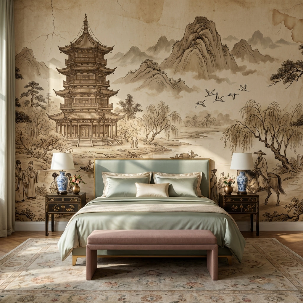 Chinese Landscape Wallpaper Pagoda Traditional Wall Mural
