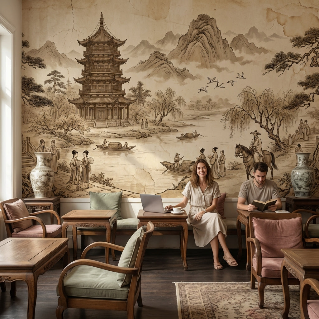 Chinese Landscape Wallpaper Pagoda Traditional Wall Mural