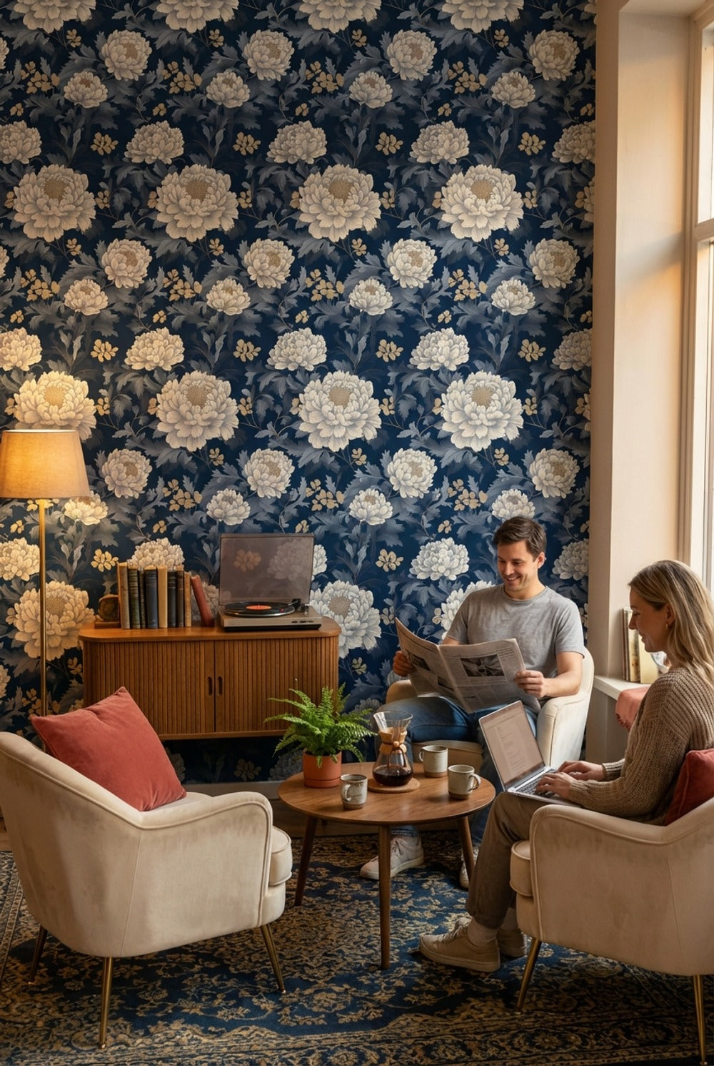 Elegant Floral Wallpaper Navy Traditional Wall Mural