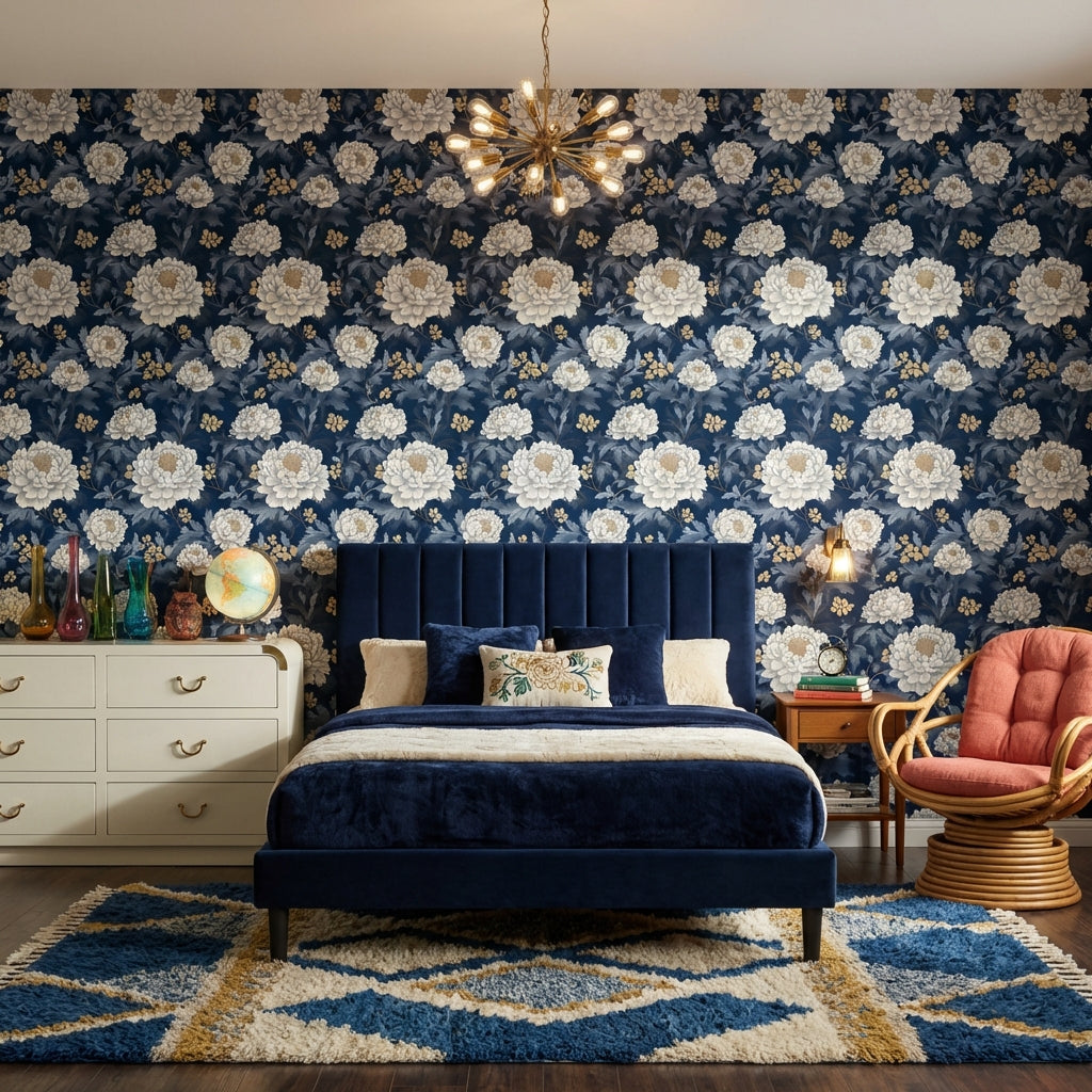 Elegant Floral Wallpaper Navy Traditional Wall Mural