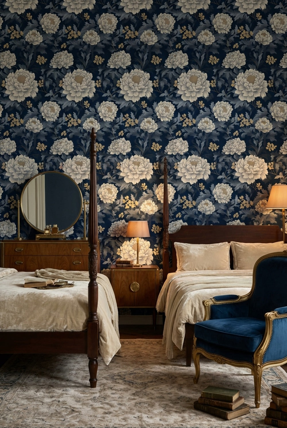Elegant Floral Wallpaper Navy Traditional Wall Mural