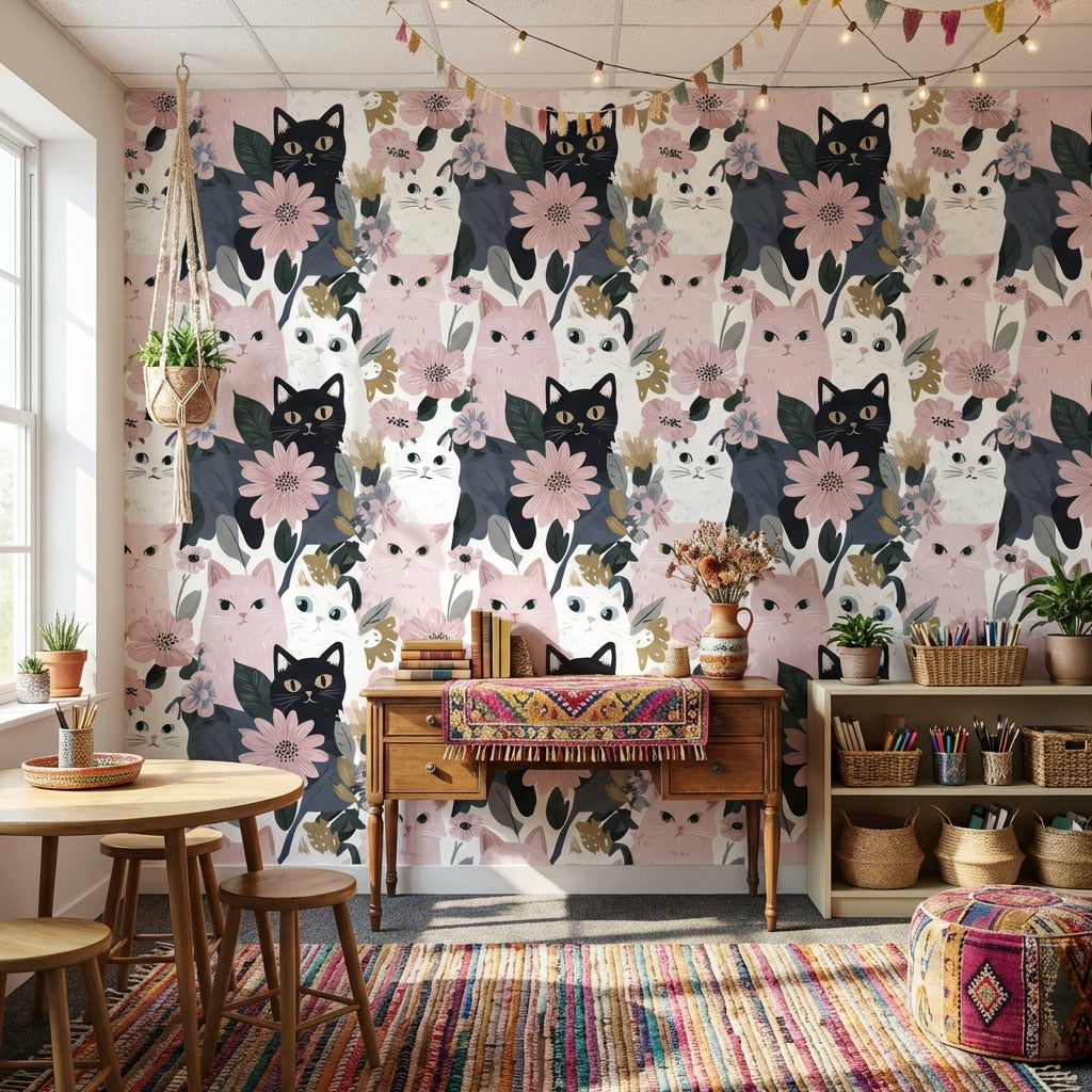 Cats Wallpaper Flowers Removable Modern Wall Mural