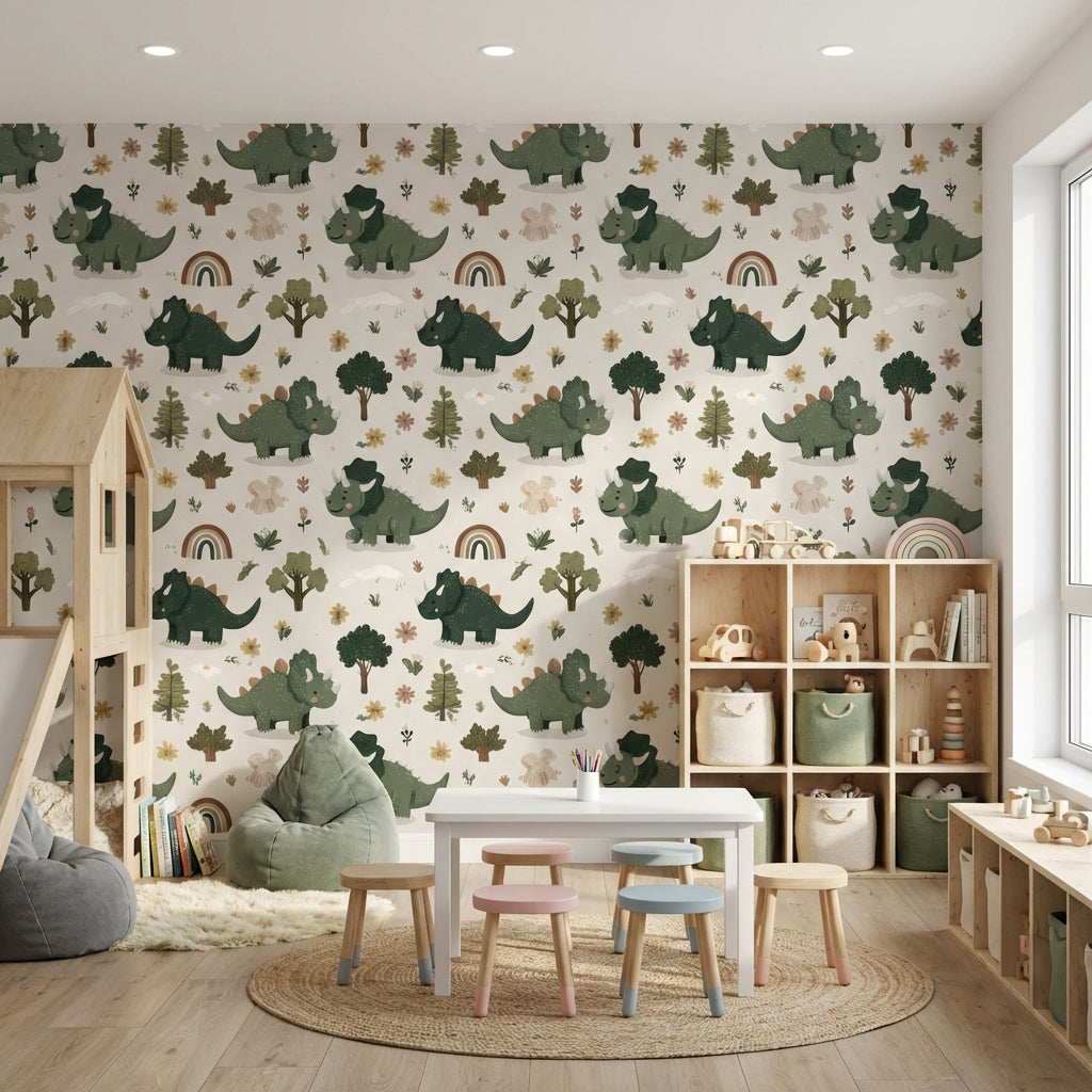 Dinosaur Wallpaper Cartoon Floral Decorative Mural