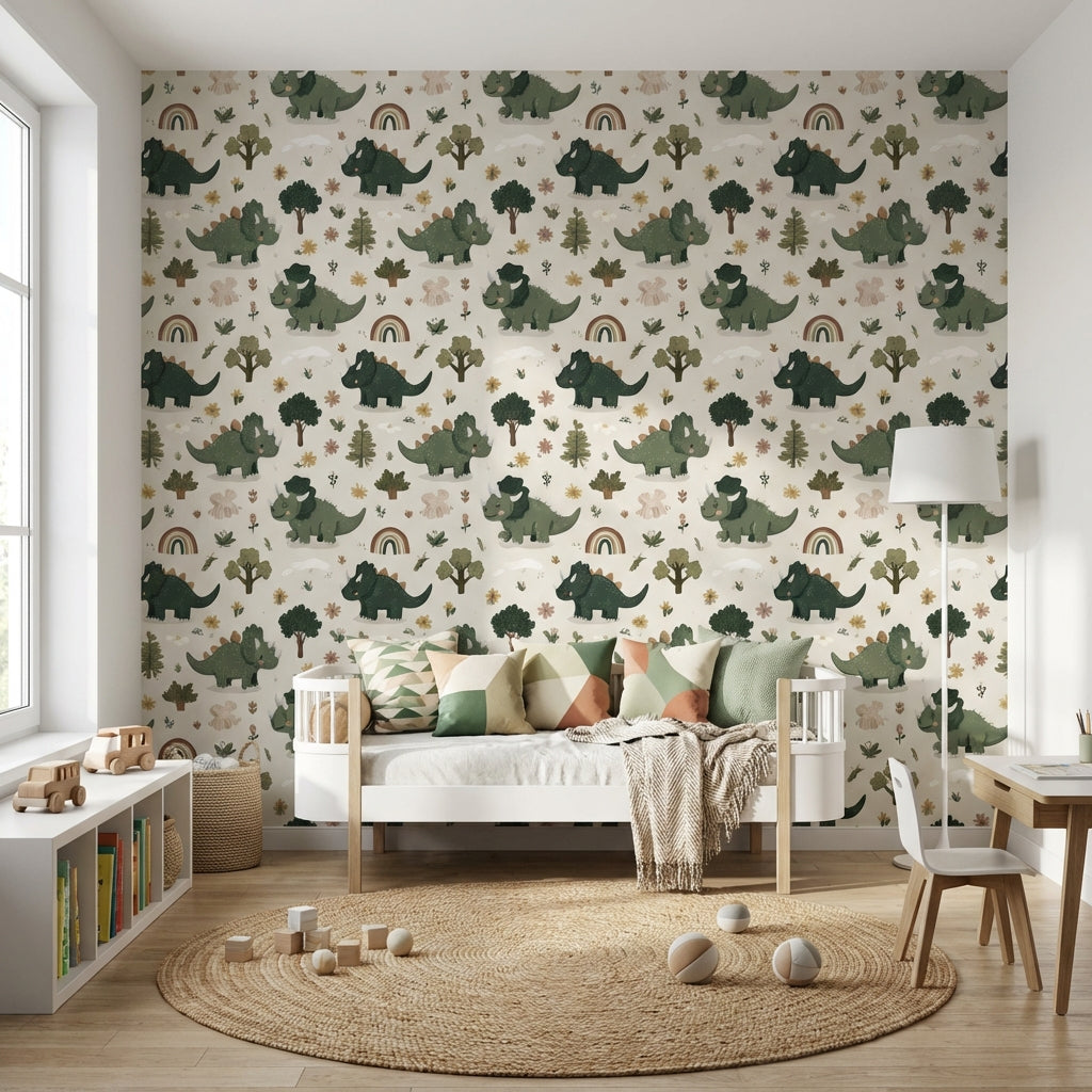 Dinosaur Wallpaper Cartoon Floral Decorative Mural