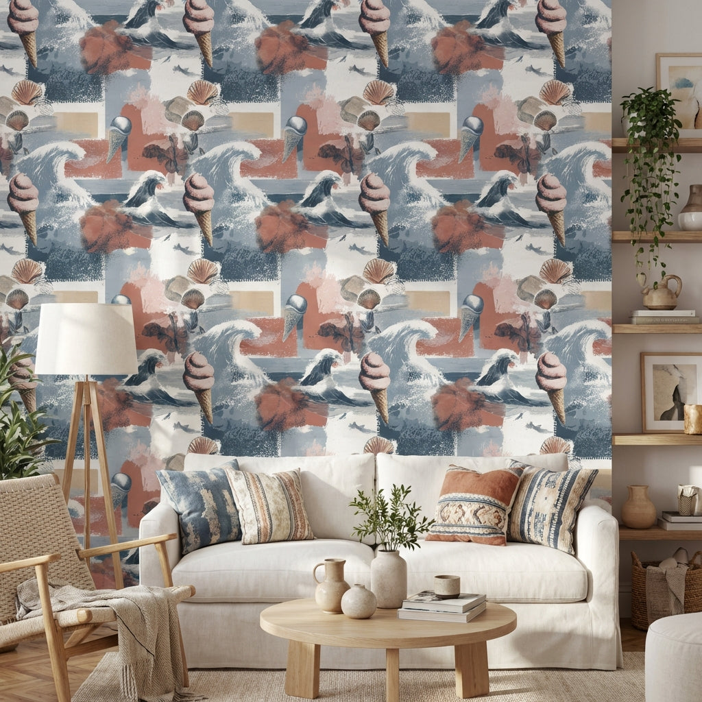 Coastal Wallpaper Ice Cream Seashells Decorative Mural