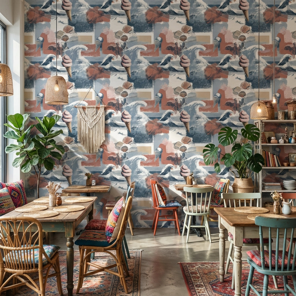 Coastal Wallpaper Ice Cream Seashells Decorative Mural