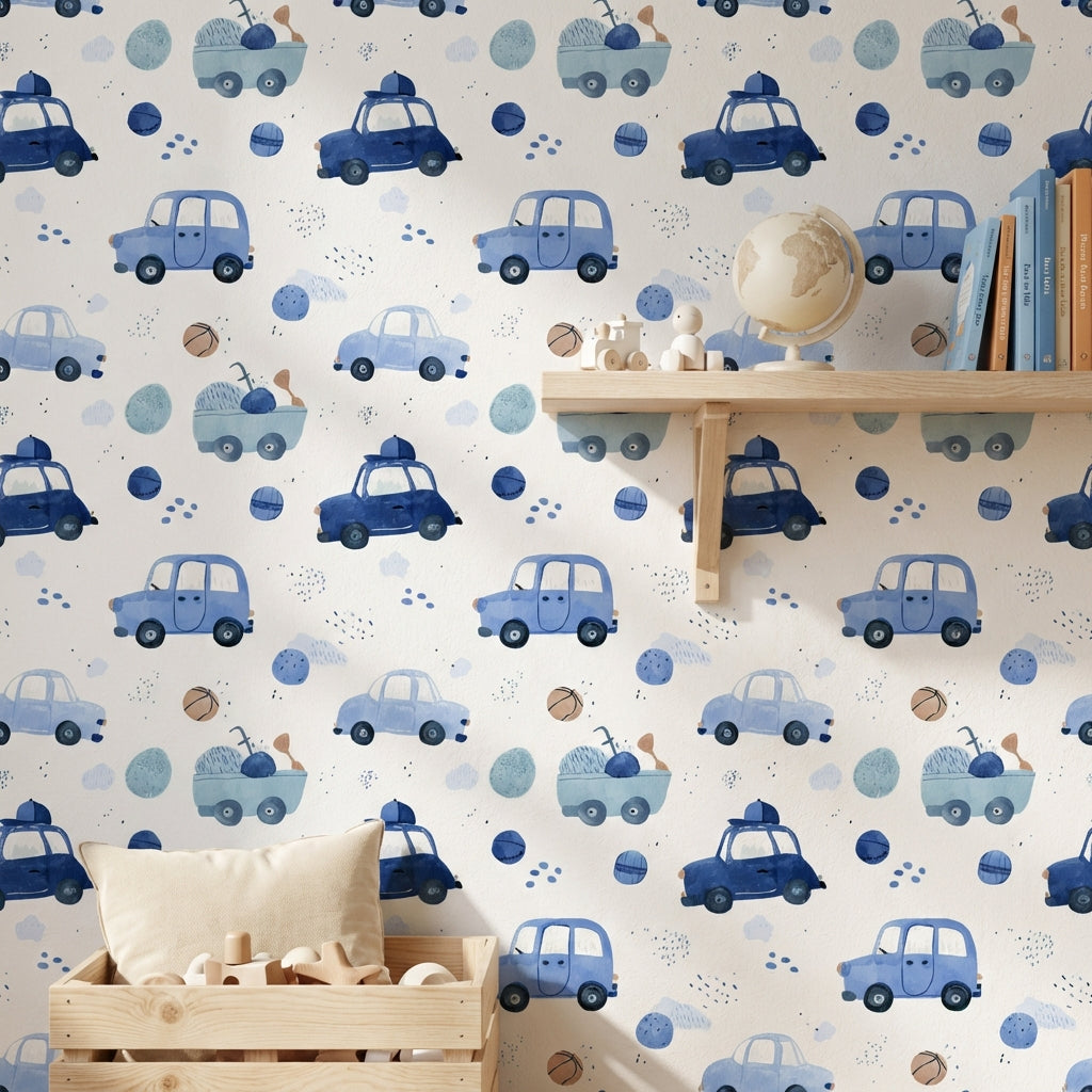 White Background Wallpaper Blue Cars Wall Mural