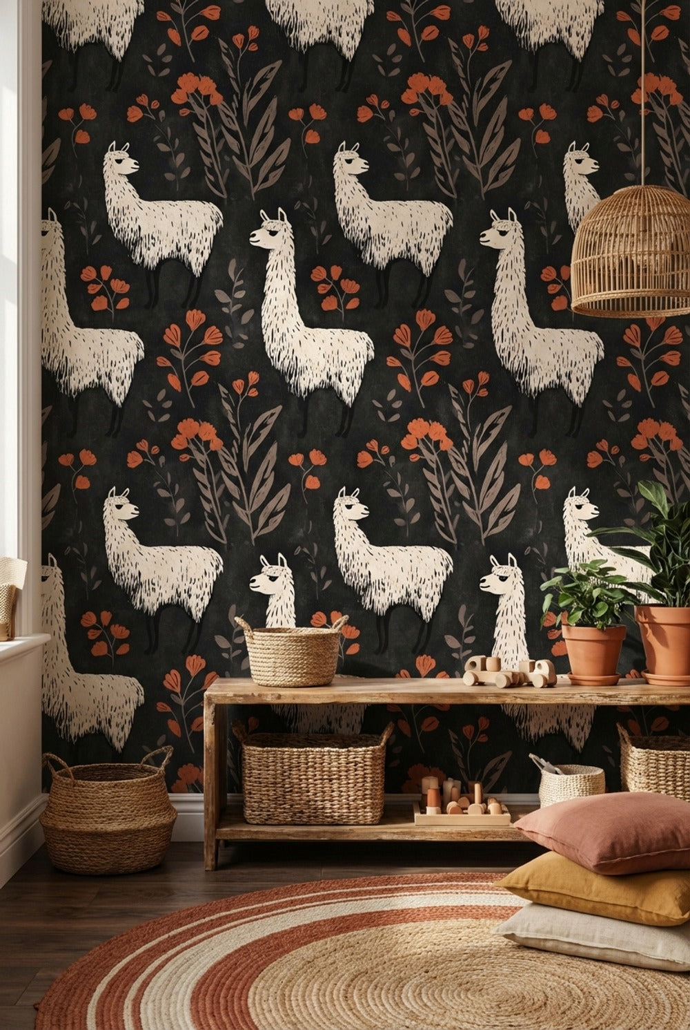 Floral Llamas Wallpaper Bohemian Dark Background Decorative Mural