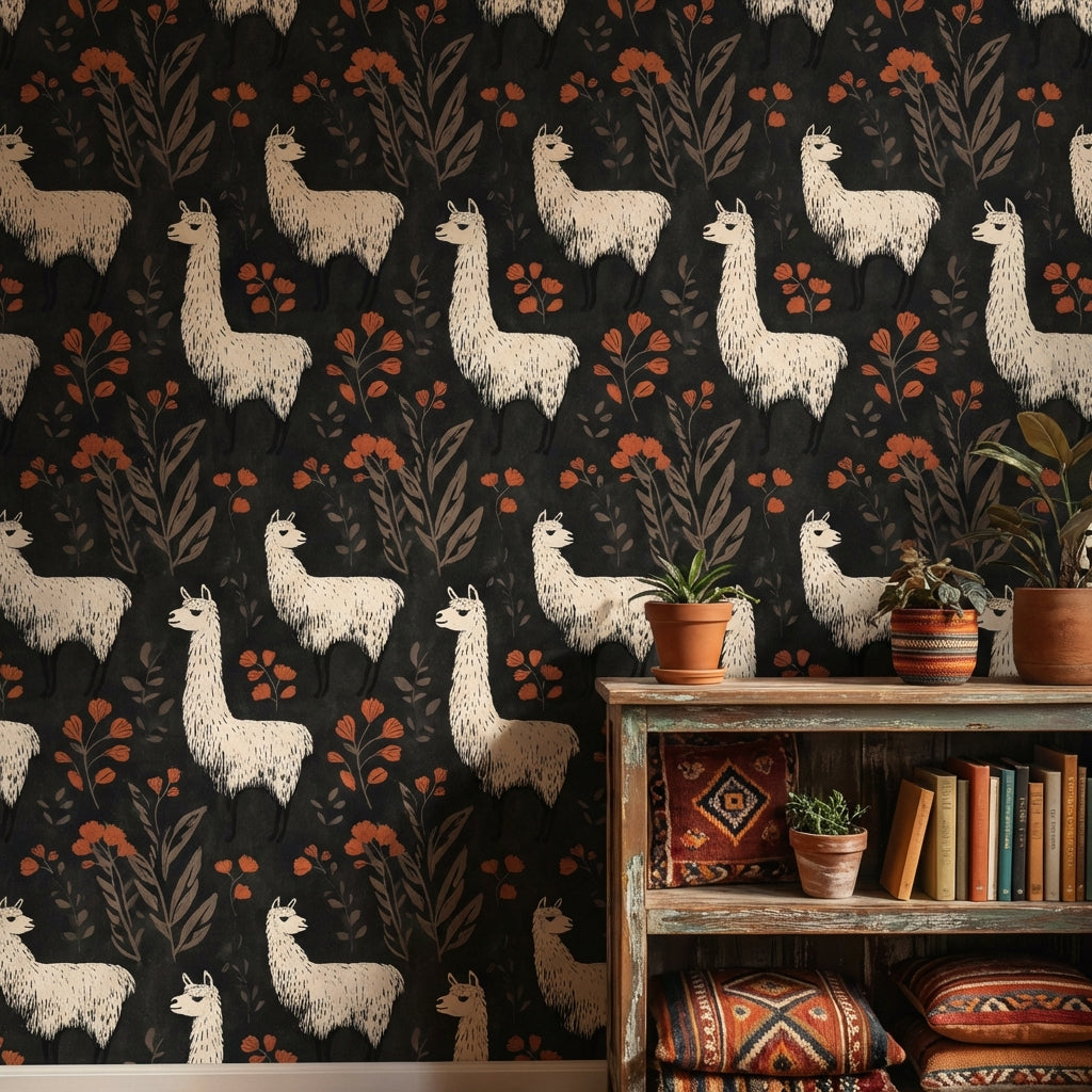 Floral Llamas Wallpaper Bohemian Dark Background Decorative Mural