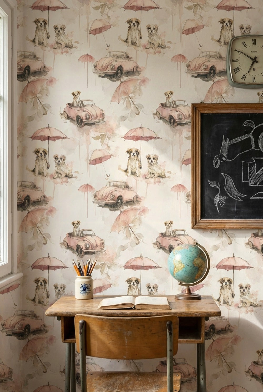 Dogs Wallpaper Vintage Cars Removable Umbrellas Wall Mural