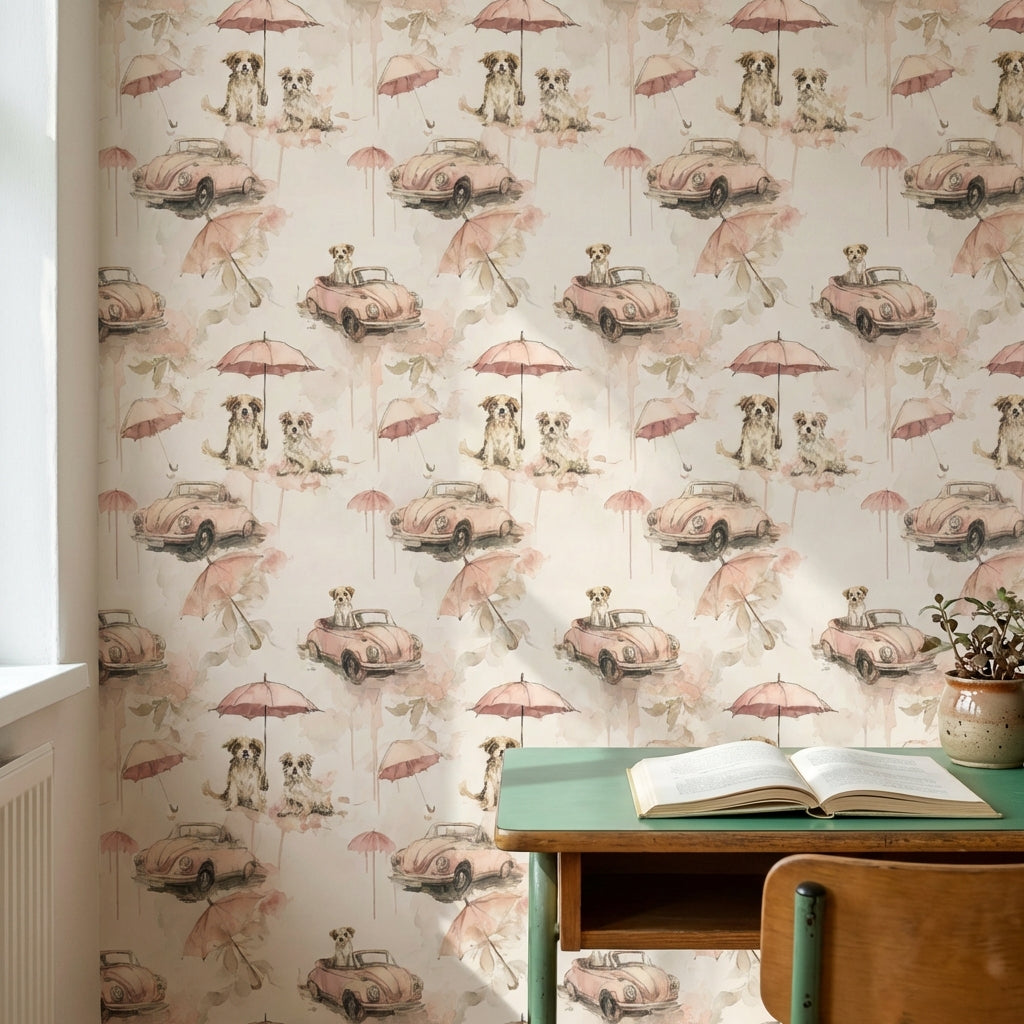 Dogs Wallpaper Vintage Cars Removable Umbrellas Wall Mural