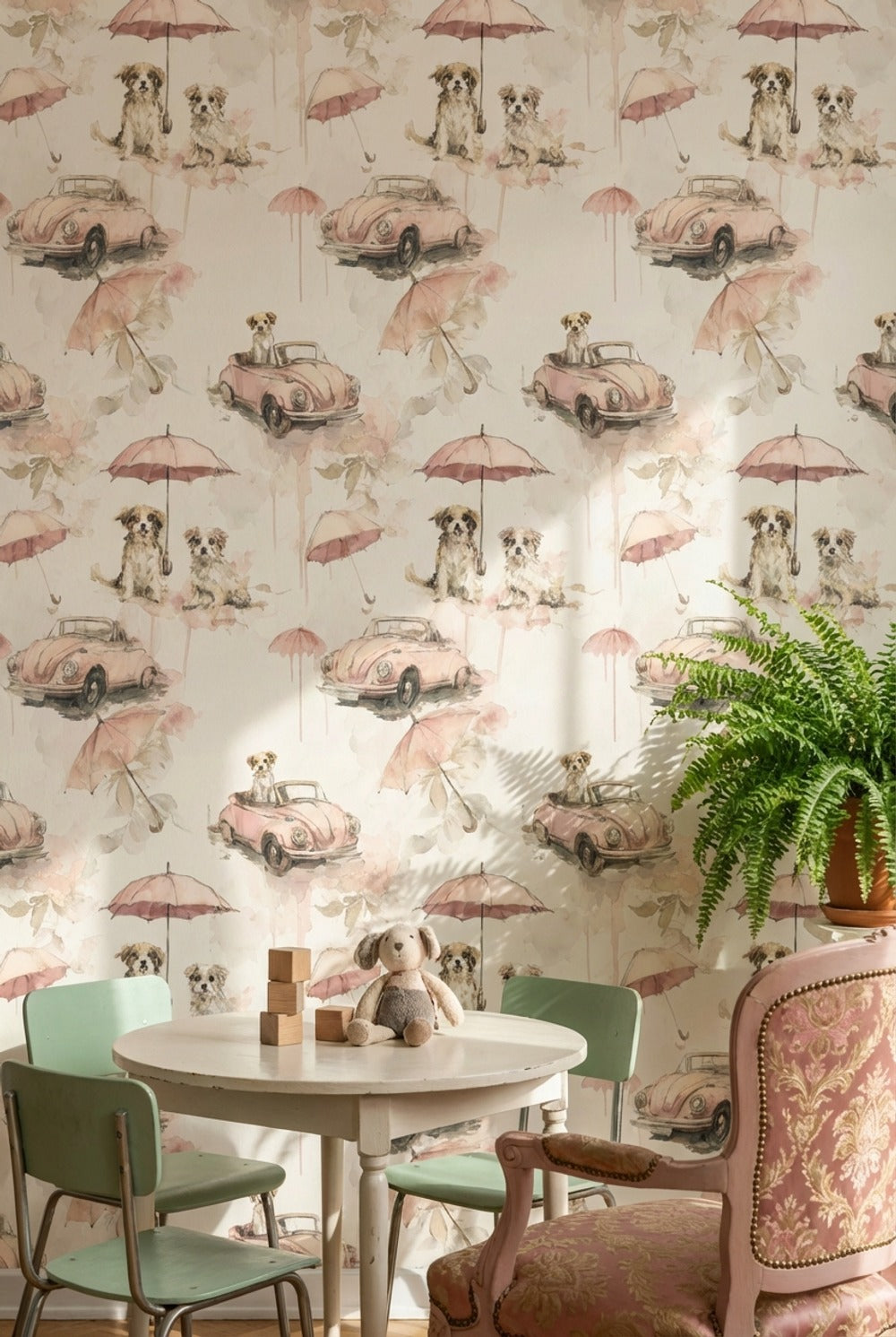 Dogs Wallpaper Vintage Cars Removable Umbrellas Wall Mural