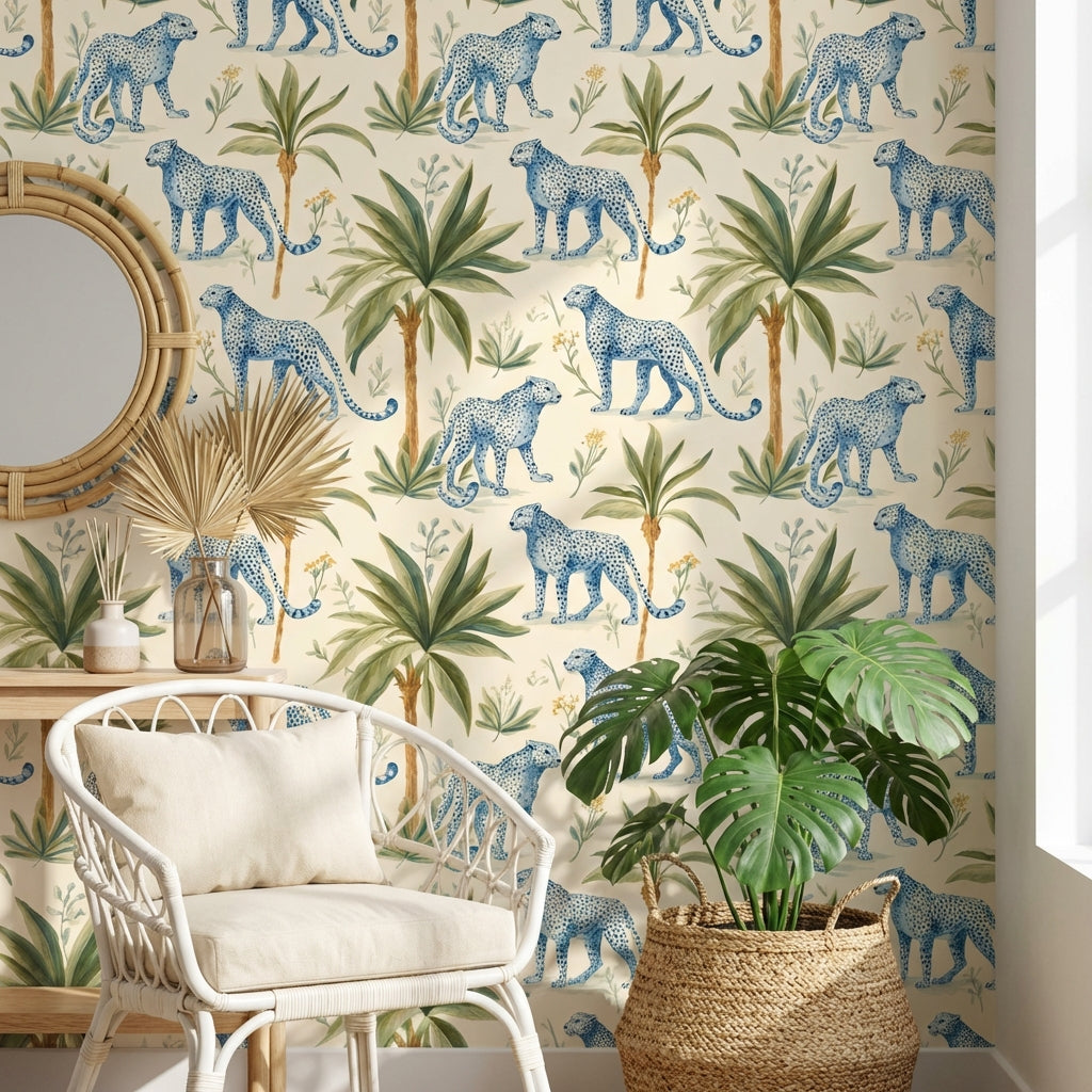 Leopards Wallpaper Tropical Blue Wall Decor