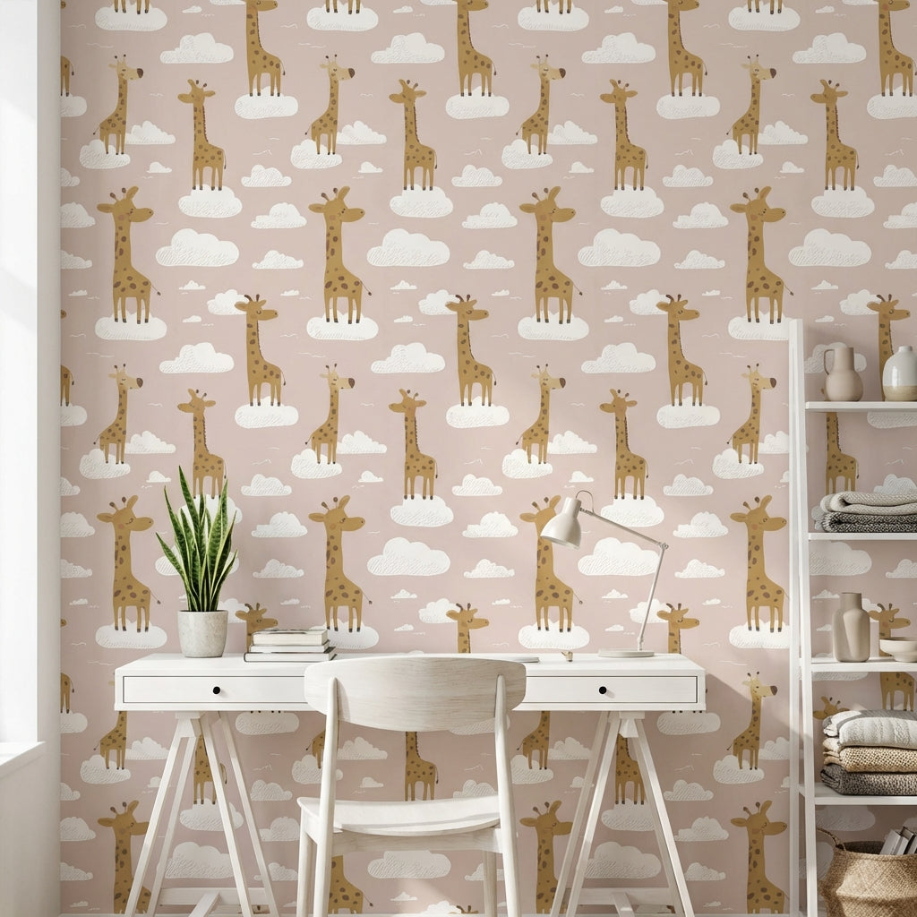 Giraffes Wallpaper Clouds Playful Decorative Mural