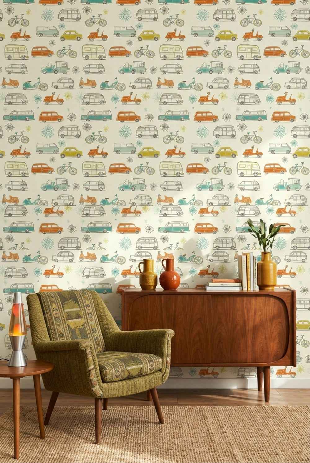 Retro Vehicles Wallpaper Colorful Playful Decorative Mural