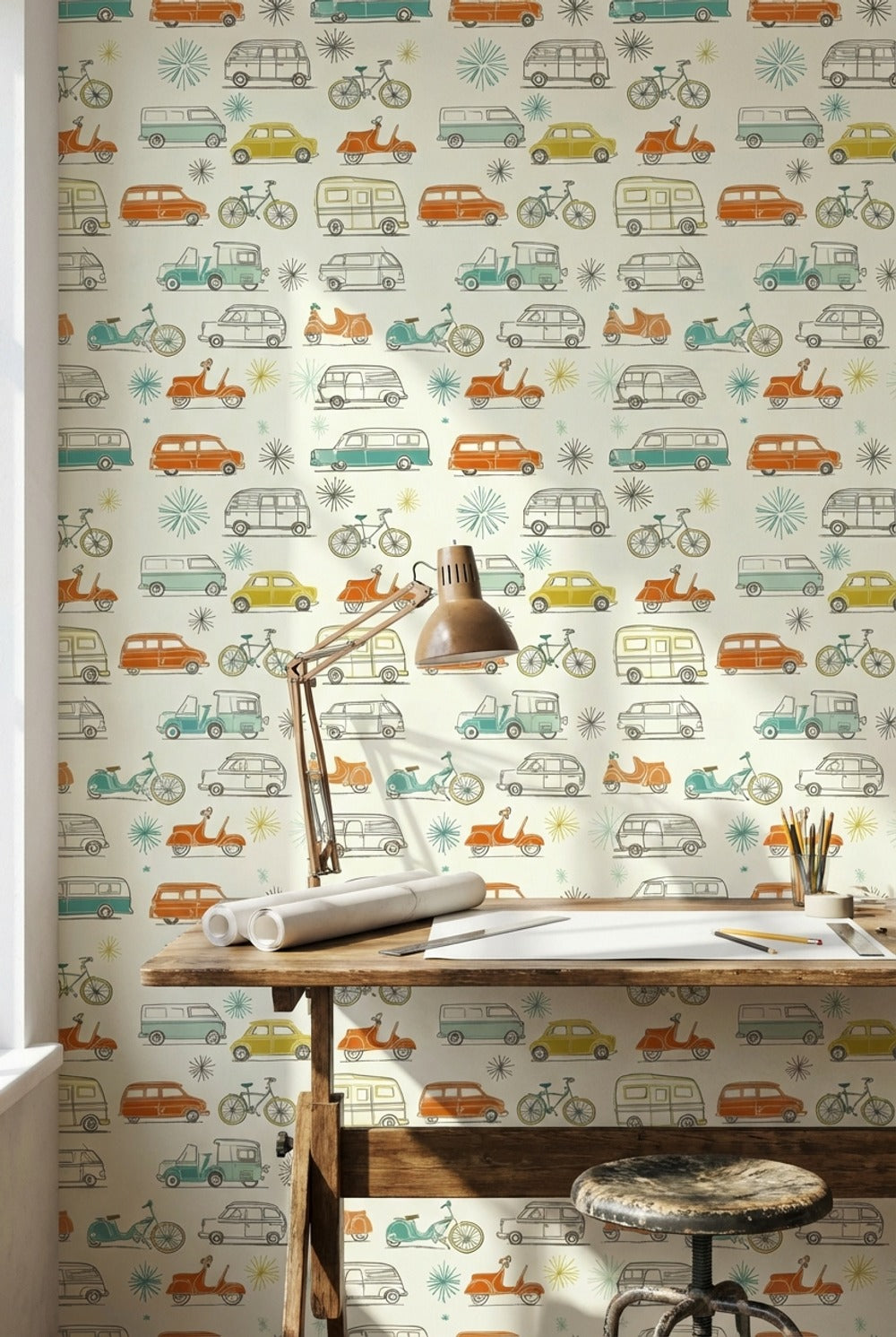 Retro Vehicles Wallpaper Colorful Playful Decorative Mural
