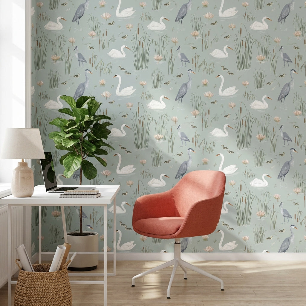 Swans Wallpaper Herons Lotus Removable Wall Decor