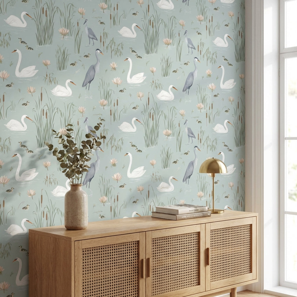 Swans Wallpaper Herons Lotus Removable Wall Decor