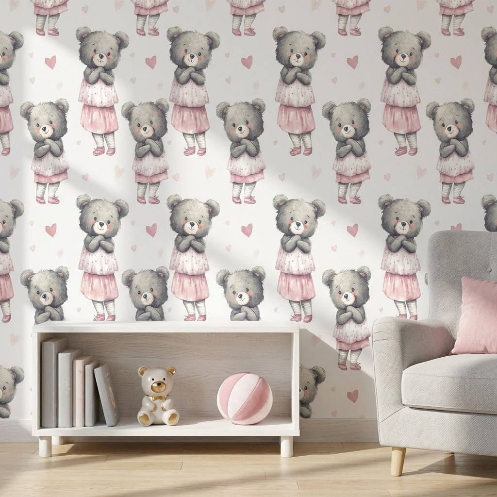 Teddy Bear Wallpaper Hearts Cute Decorative Mural