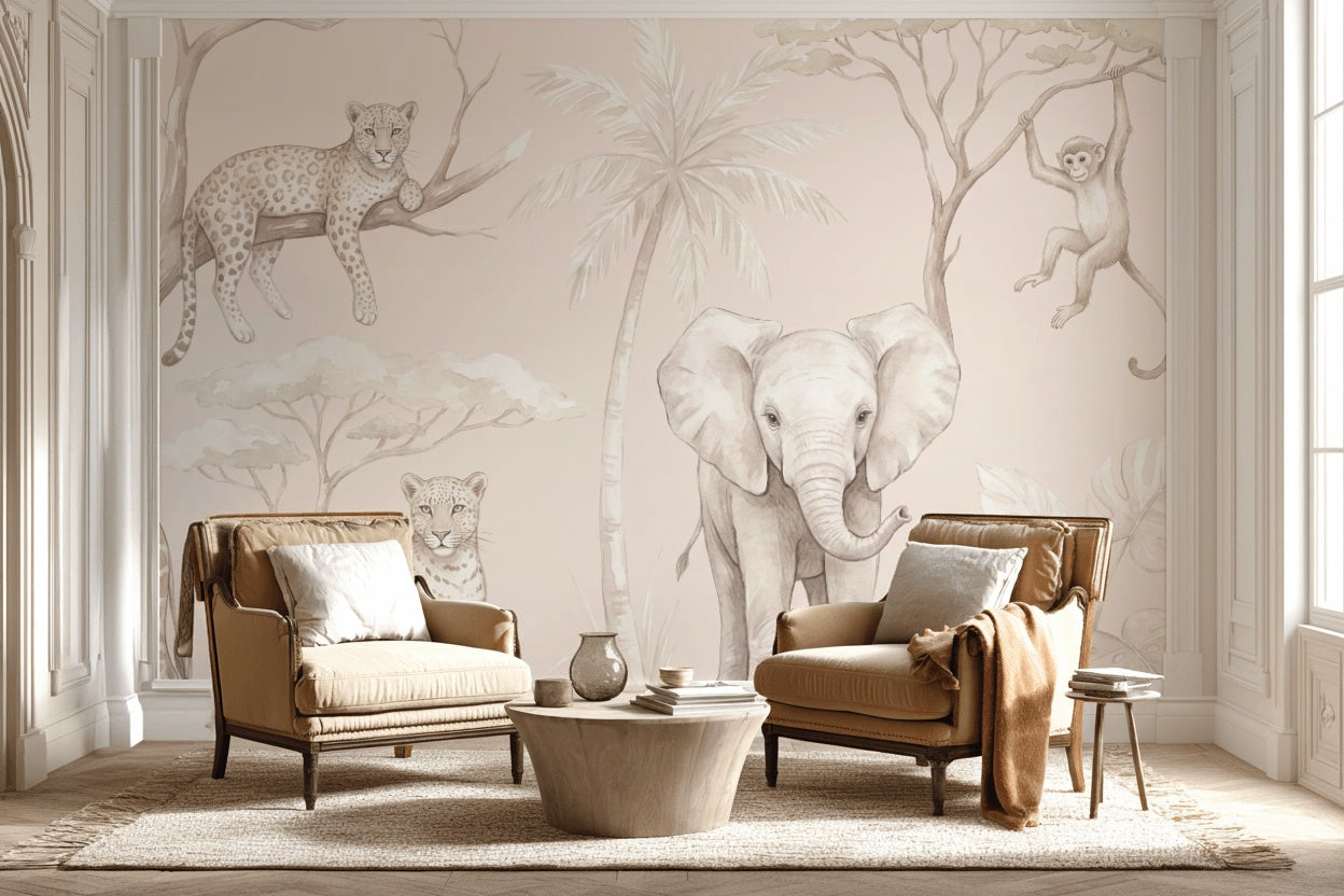 Safari Animals Wallpaper Jungle Beige Wall Mural