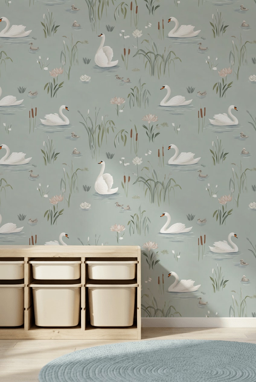 Swans Wallpaper Water Lilies Removable Minimalist Wall Mural