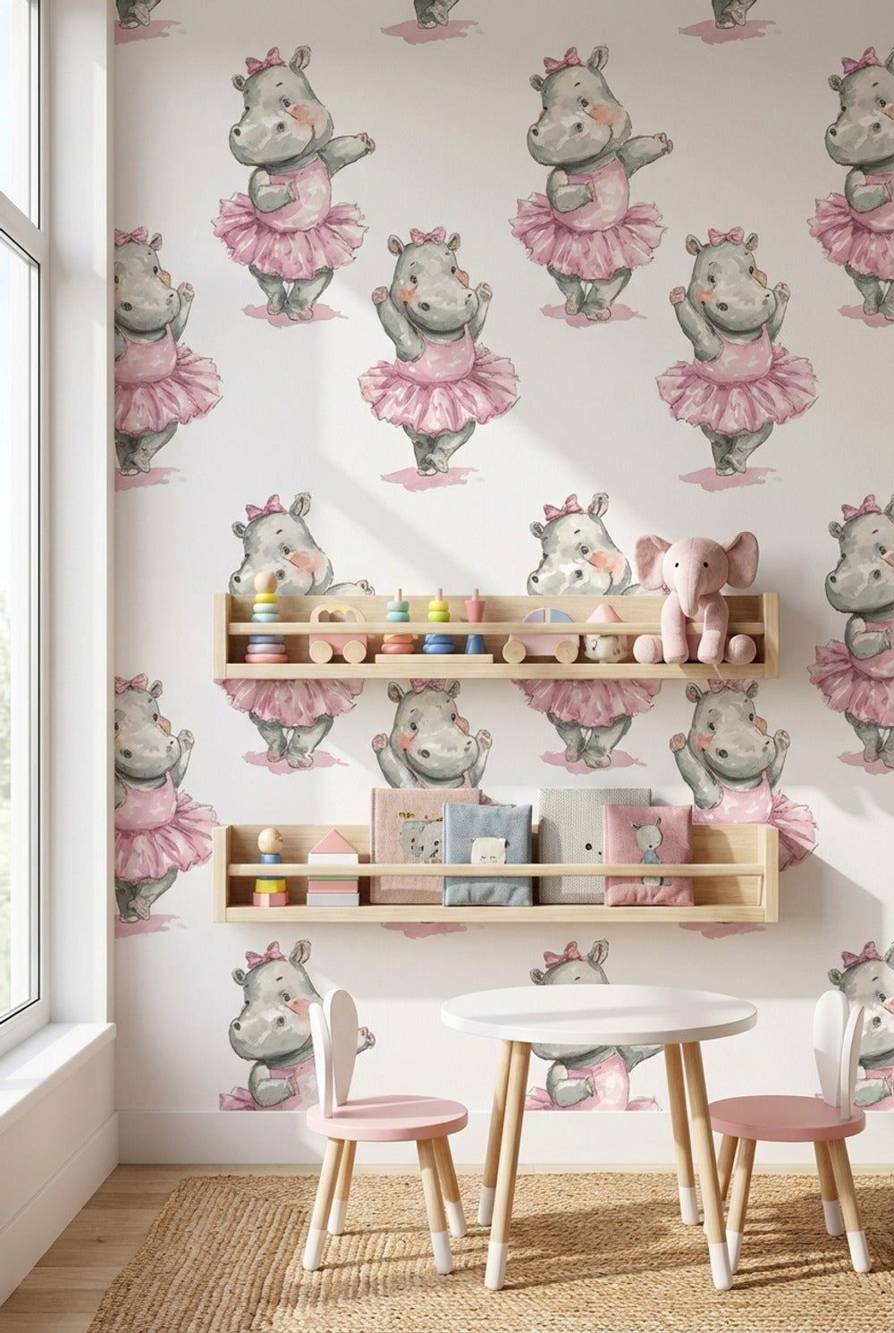 Whimsical Hippopotamus Wallpaper Pink White Background Wall Art