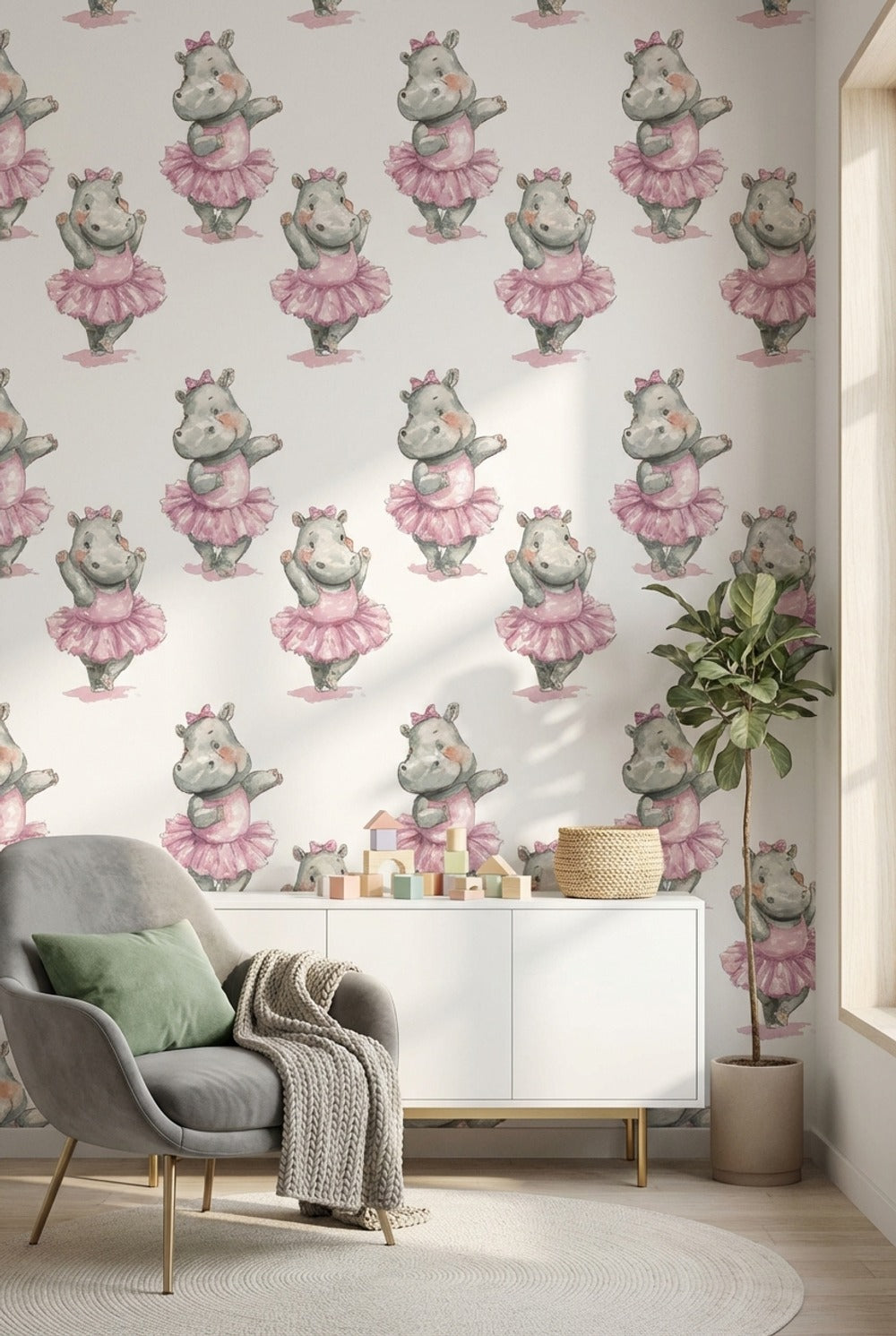 Whimsical Hippopotamus Wallpaper Pink White Background Wall Art