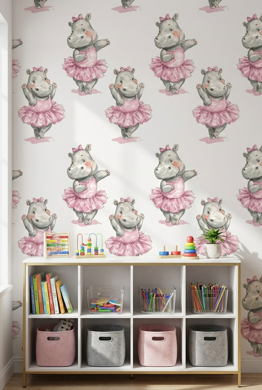 Whimsical Hippopotamus Wallpaper Pink White Background Wall Art