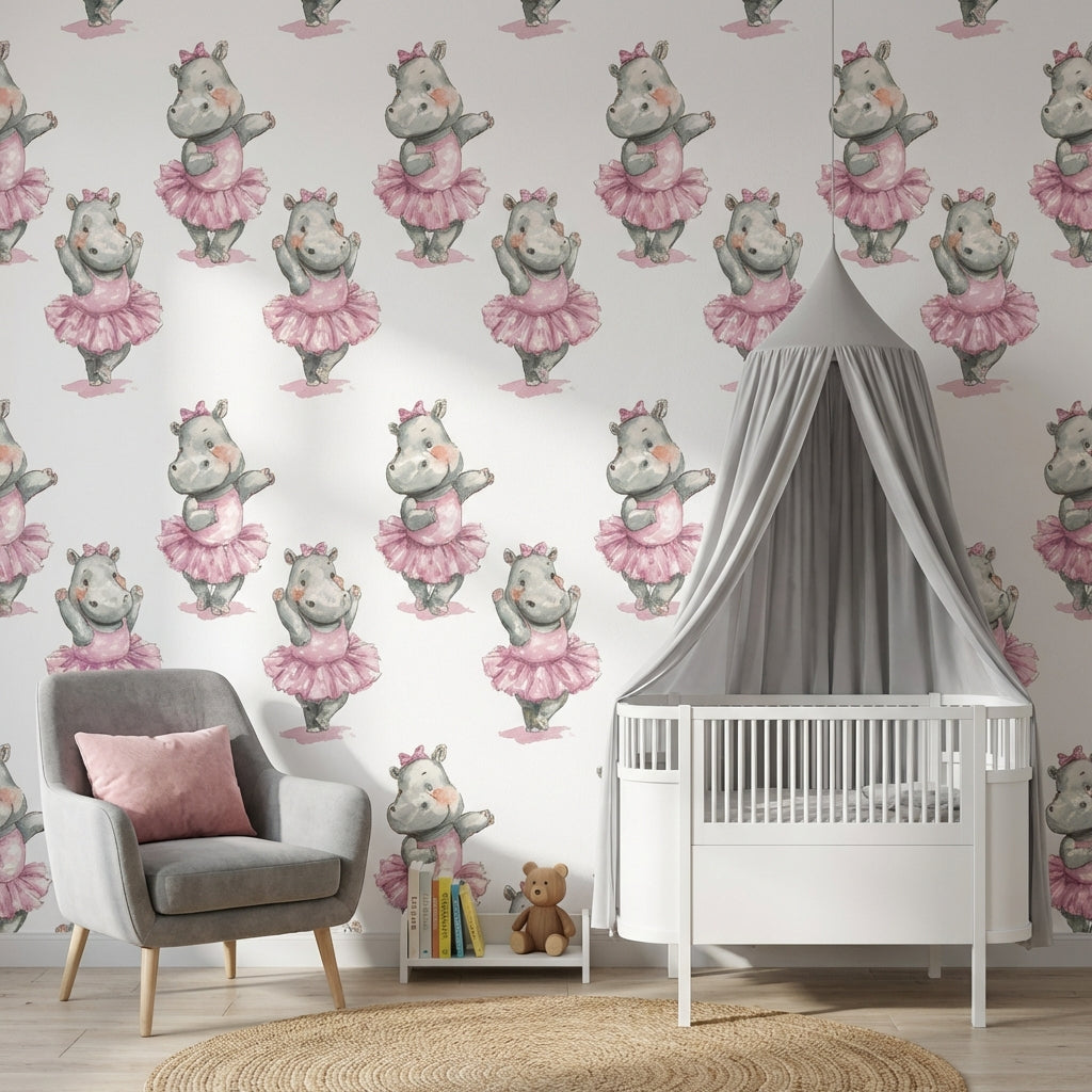Whimsical Hippopotamus Wallpaper Pink White Background Wall Art