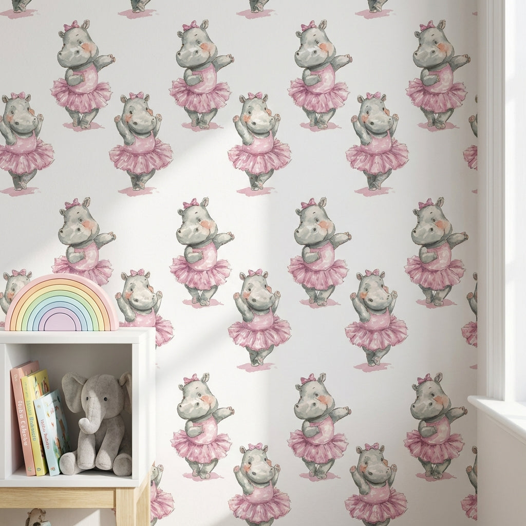 Whimsical Hippopotamus Wallpaper Pink White Background Wall Art