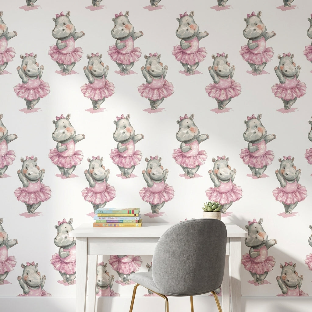 Whimsical Hippopotamus Wallpaper Pink White Background Wall Art
