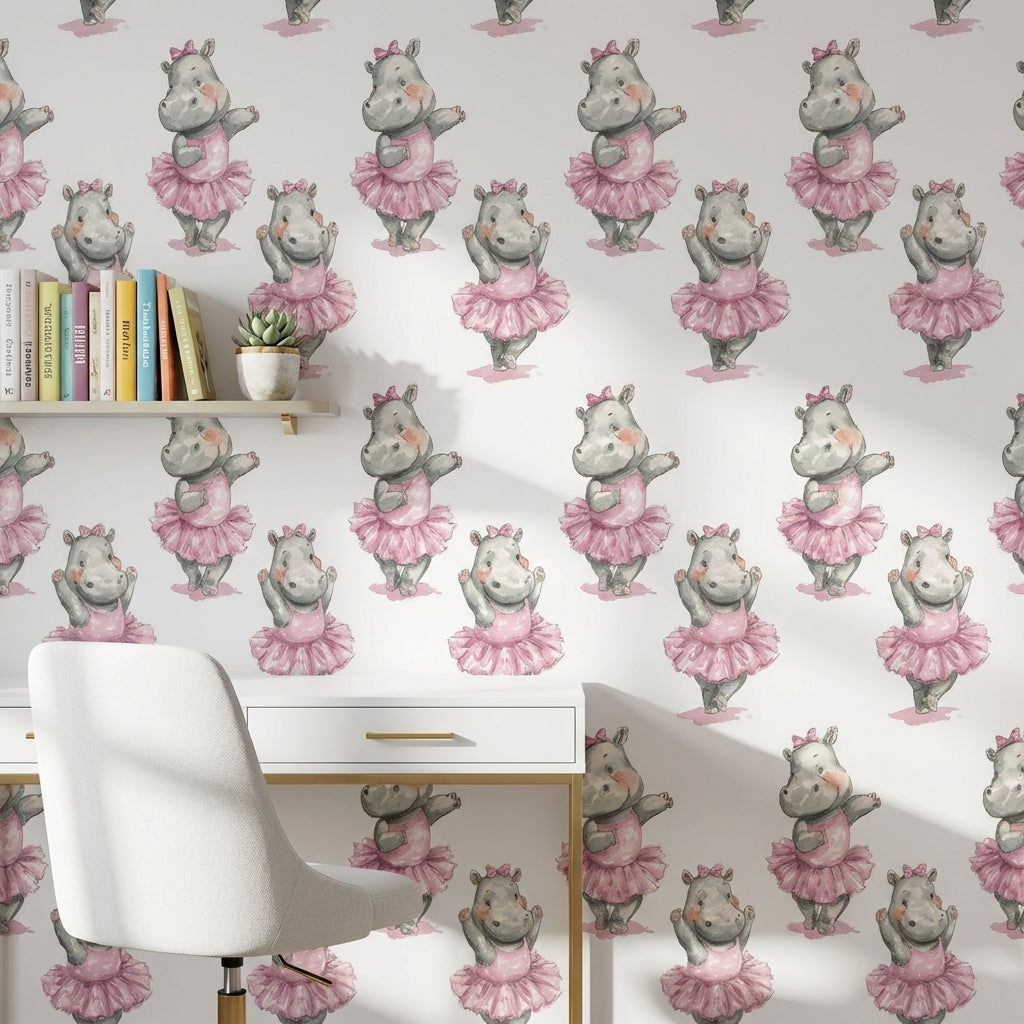 Whimsical Hippopotamus Wallpaper Pink White Background Wall Art
