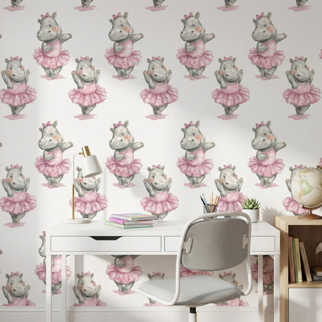 Whimsical Hippopotamus Wallpaper Pink White Background Wall Art