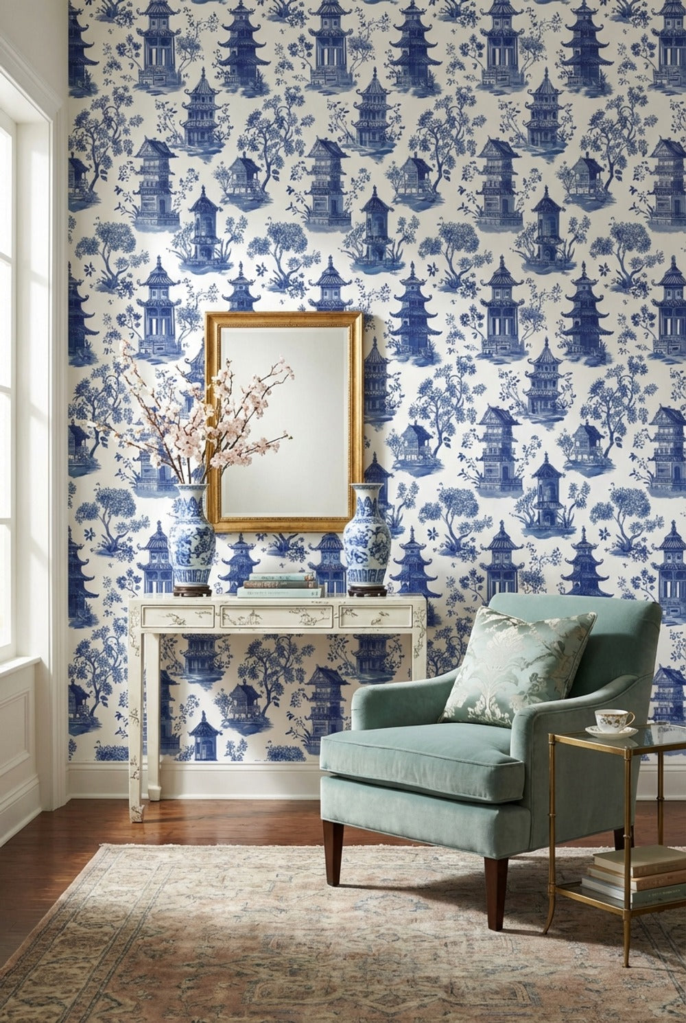 White Background Wallpaper Blue Chinoiserie Decorative Mural