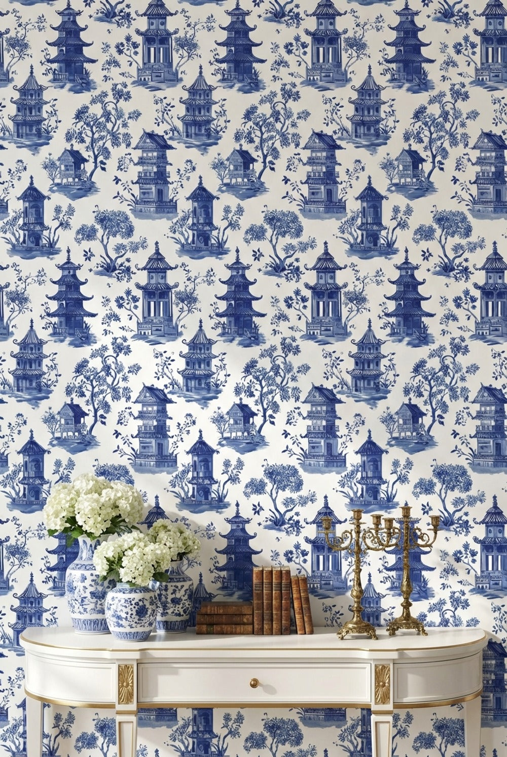White Background Wallpaper Blue Chinoiserie Decorative Mural