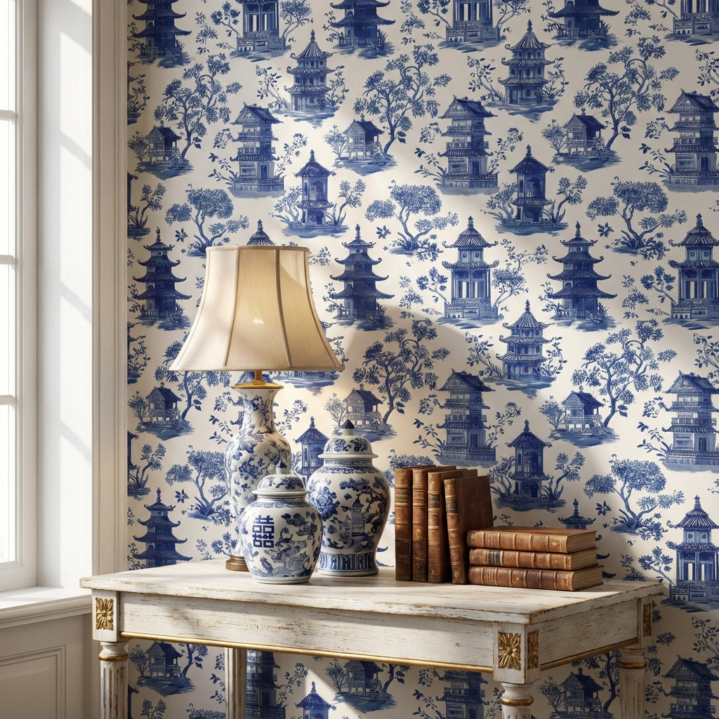 White Background Wallpaper Blue Chinoiserie Decorative Mural