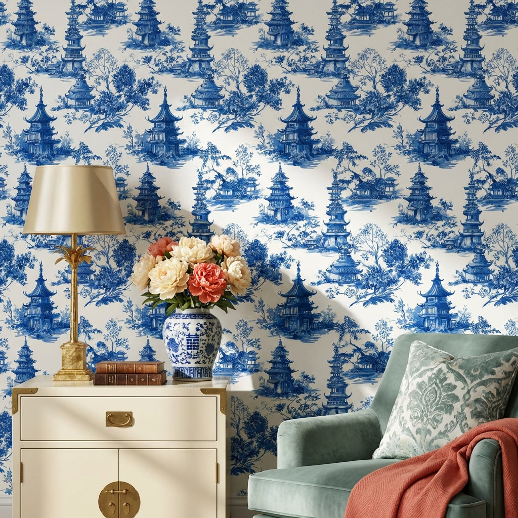 White Background Wallpaper Pagoda Classic Wall Decor