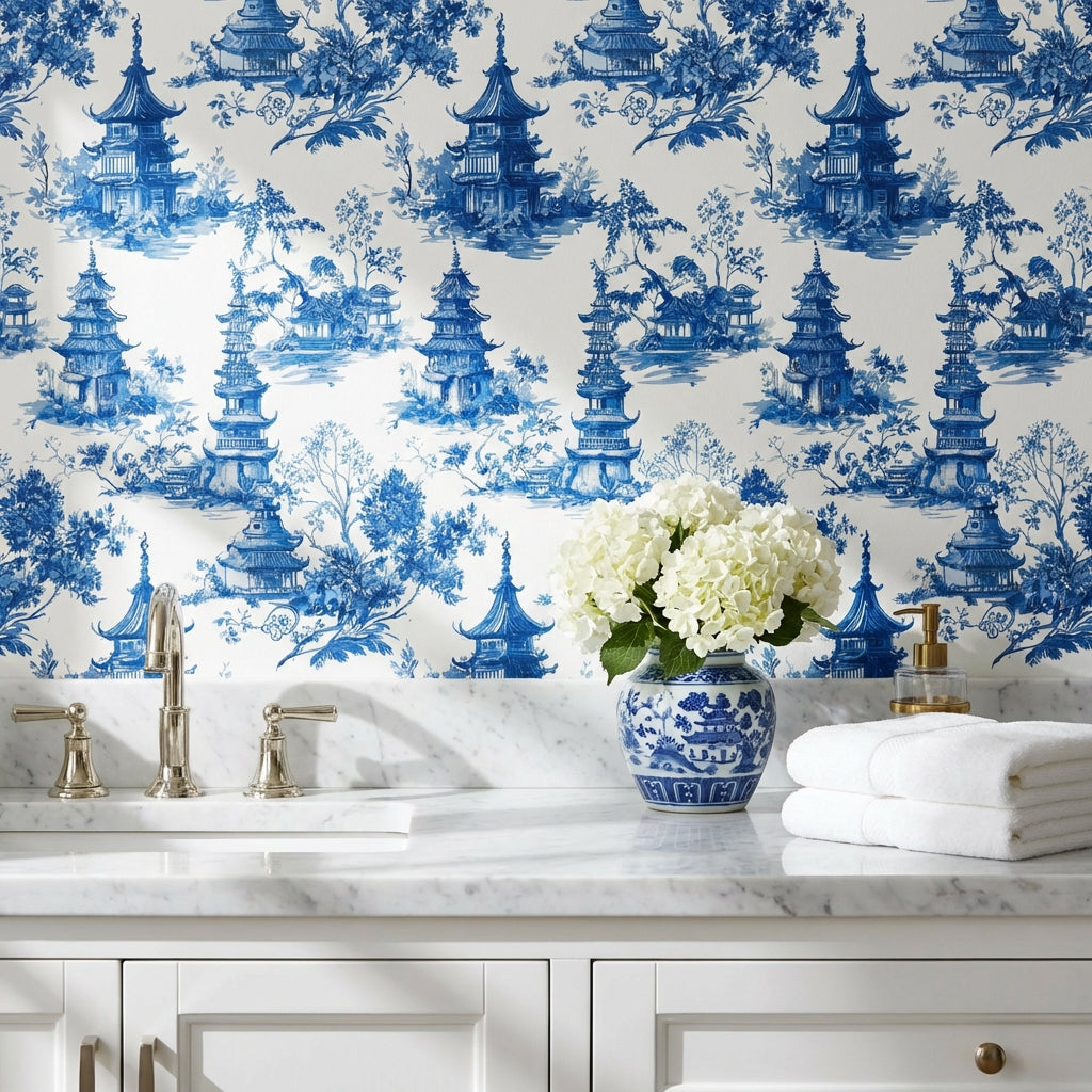 White Background Wallpaper Pagoda Classic Wall Decor