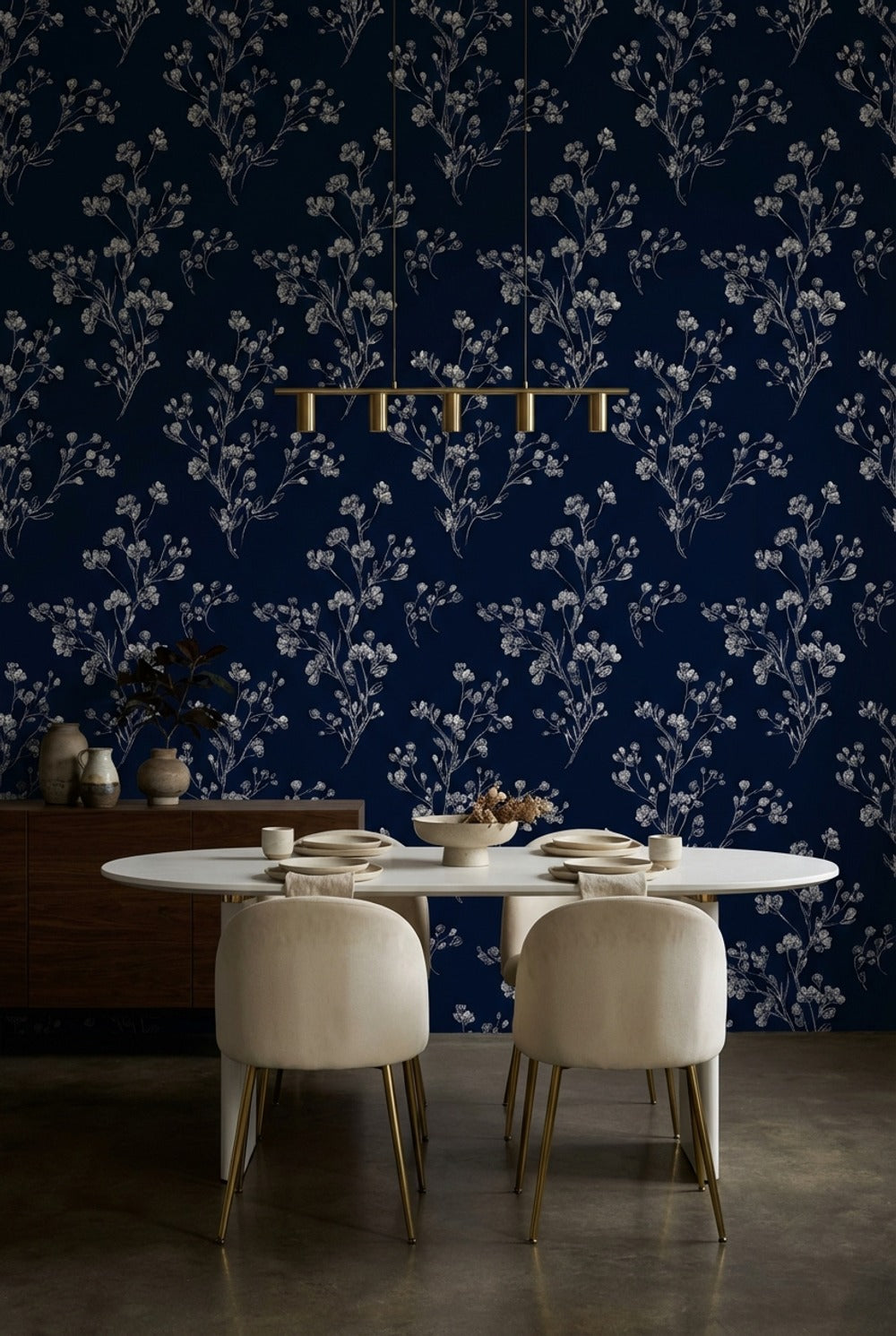Floral Wallpaper Navy Minimalist Decorative Mural