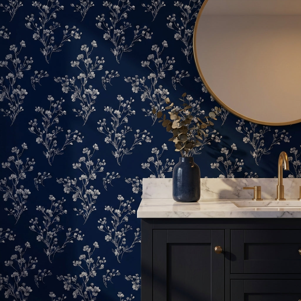 Floral Wallpaper Navy Minimalist Decorative Mural