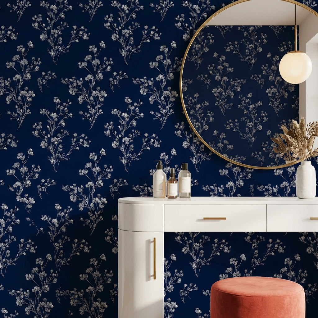 Floral Wallpaper Navy Minimalist Decorative Mural