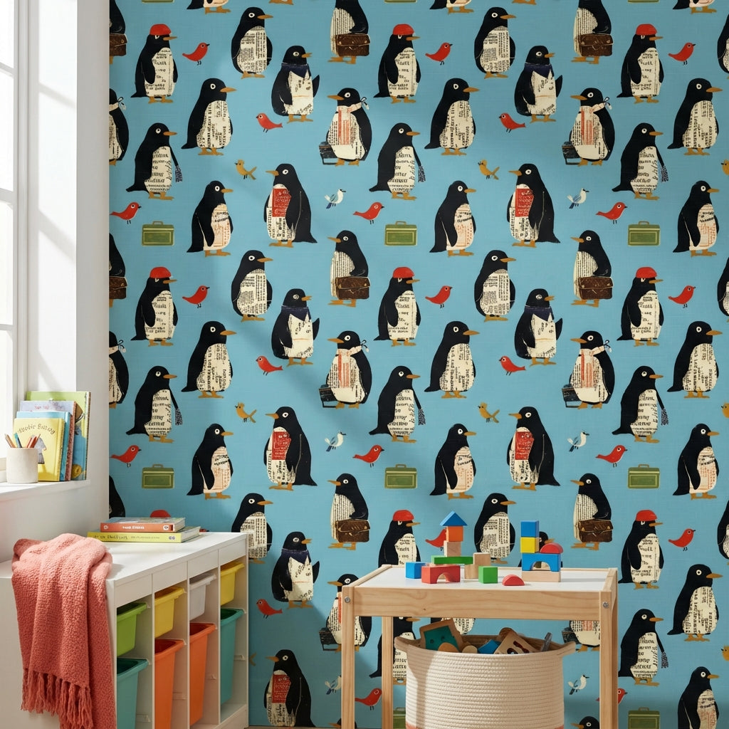 Penguins Wallpaper Whimsical Collage Wall Mural