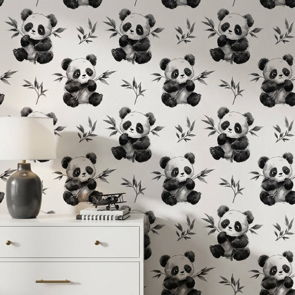 White Background Wallpaper Panda Playful Decorative Mural