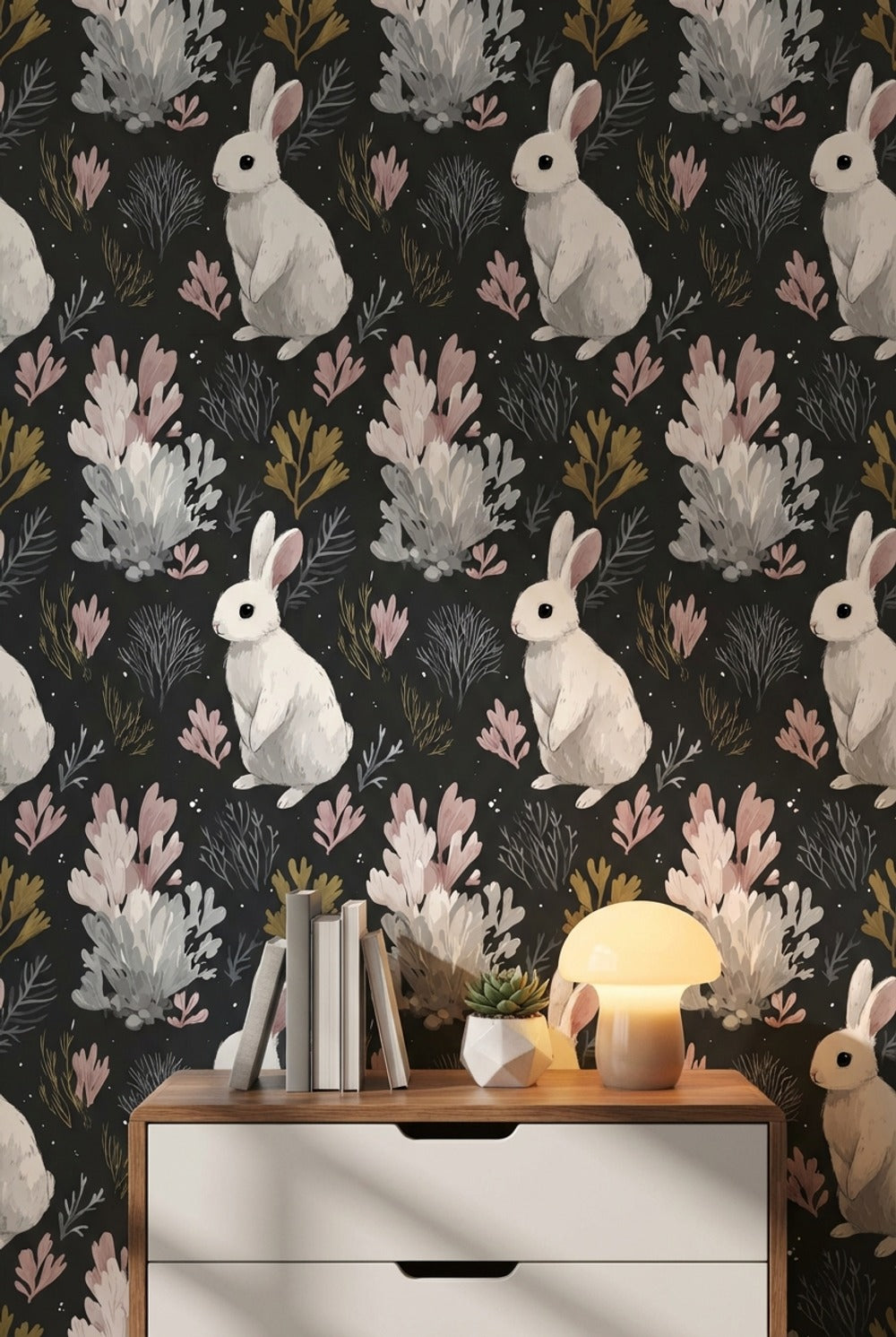 Rabbit Wallpaper Botanical Dark Wall Mural