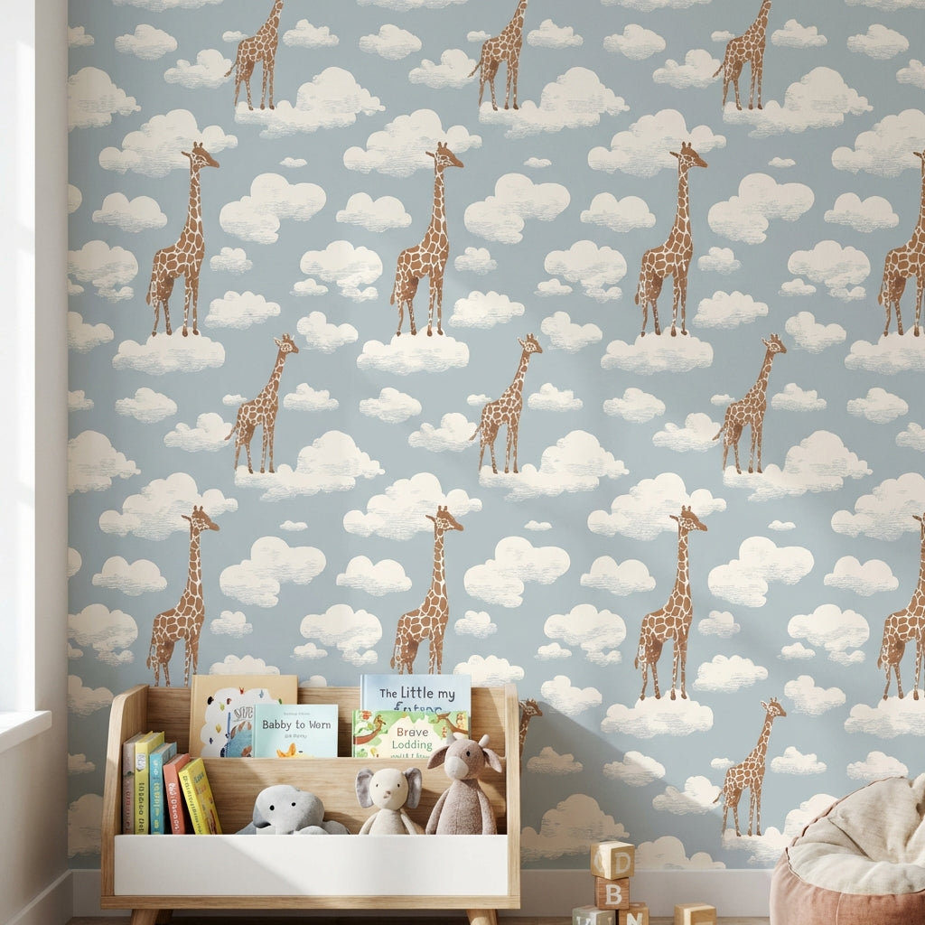 Giraffes Wallpaper Clouds Removable Whimsical Wall Mural
