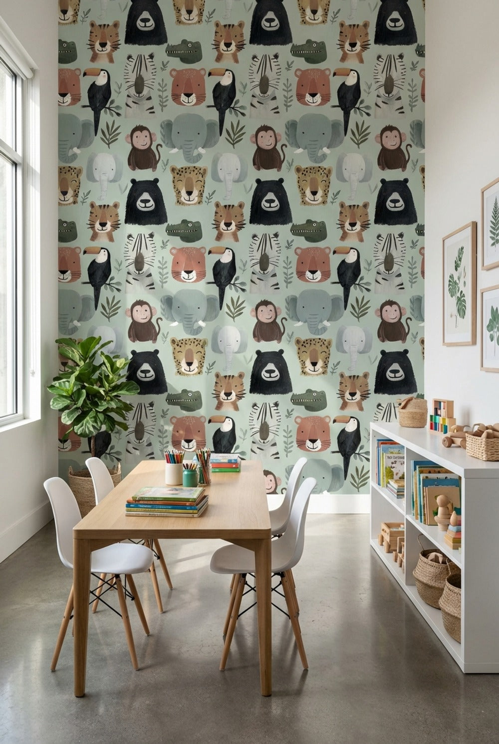 Muted Green Wallpaper Animal Faces Removable Kids Wall Art