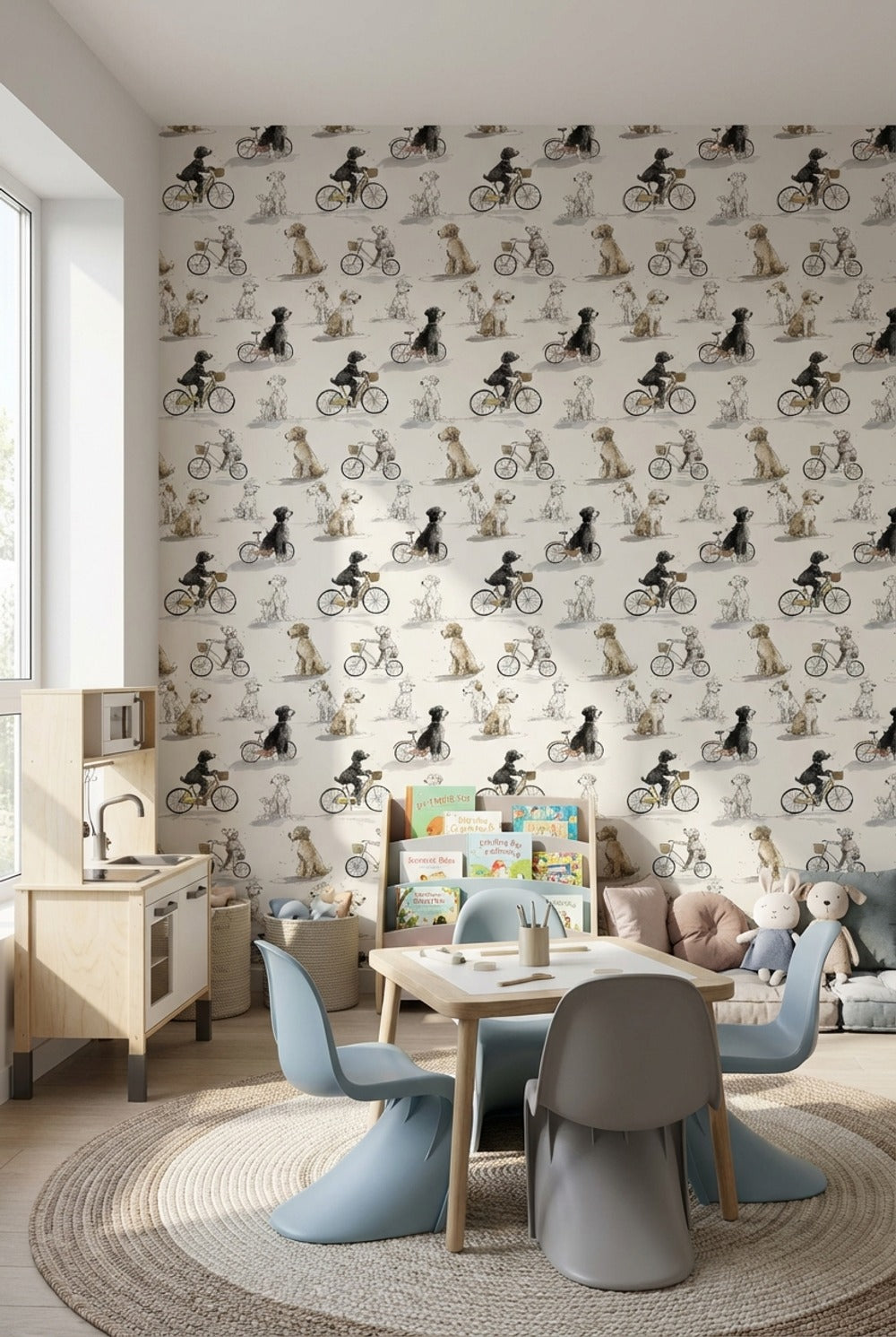 Whimsical Dogs Wallpaper Bicycles Beige Wall Mural