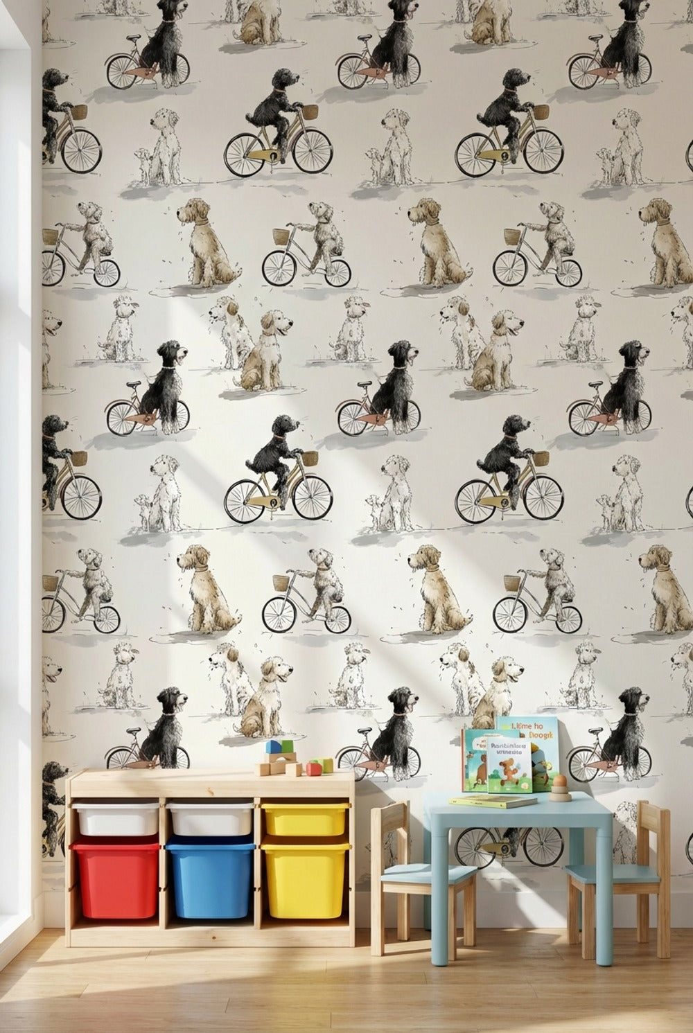 Whimsical Dogs Wallpaper Bicycles Beige Wall Mural