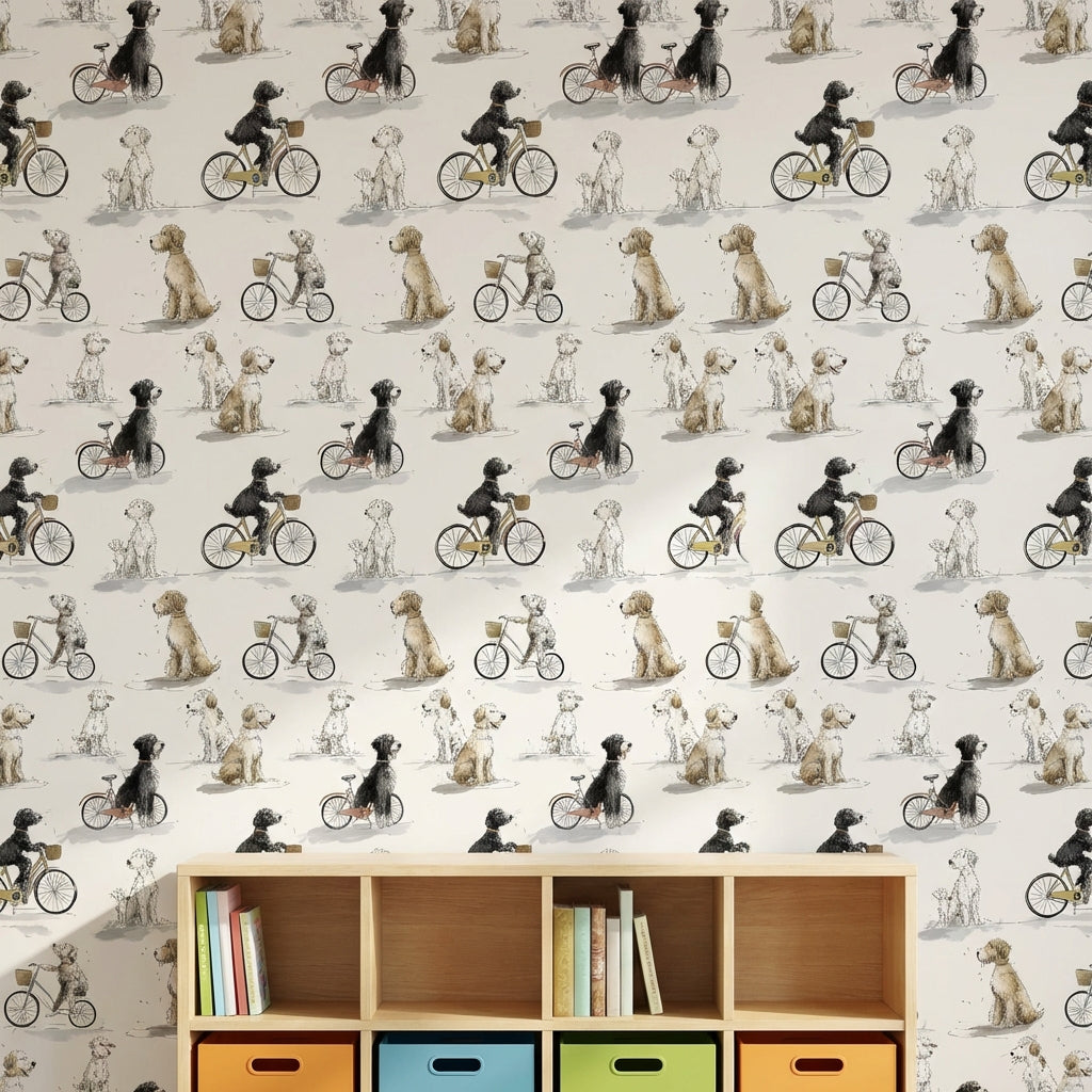 Whimsical Dogs Wallpaper Bicycles Beige Wall Mural