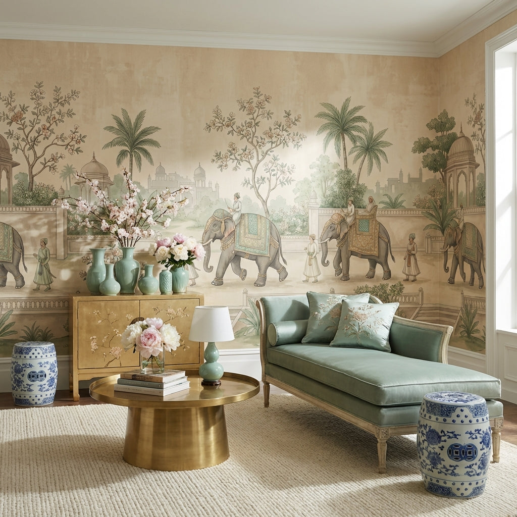 Indian Procession Wallpaper Elephants Architecture Wall Mural